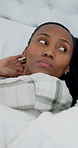 Upset, woman and couple in bed with conflict, argument and tension from disagreement. Angry, black people or ignoring partner in home for silent treatment, emotional distance and sleepless with drama