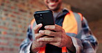 Phone, man and hands at construction site with engineering app, internet or online schedule. Person, technology and scroll for project management, maintenance or renovation update of building