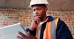 Tablet, black man and thinking at construction site with engineering app, internet or online schedule. African person, tech and serious for project management, maintenance or renovation of building