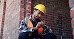 Construction, thinking and watch with man on building site for delay or project management. Schedule, time and waiting with engineer on worksite for property development setback as architect