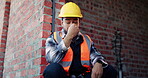 Glasses, tired or man with stress at construction site, building deadline or burnout for labor pressure. Below, eyewear or person with exhaustion for safety anxiety, overwhelmed or development delay