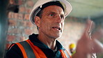 Building, explain and radio with man on construction site for planning, property development or vision. Communication, hardhat and update with mature developer on worksite for project management