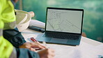 Man, hands or laptop screen with blueprint for planning, urban development or project management. Architect, tech display or paper on worksite for infrastructure maintenance, checklist or engineering