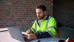 Reading, laptop or man with calculator at construction site, typing email or property development cost. Serious, research or contractor with pc for renovation planning, engineering or building budget