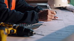 Man, hands and calculator at blueprint for planning, calculating measurements and review. Architect, writing and floorplan at worksite for compliance, project adjustment and accuracy for development