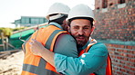 People, welcome and collaboration at construction site for architecture, engineering and planning. Team, supervisor and embrace for partnership, agreement and progress with project management