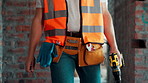 Hands, engineer and tools with drill at construction site for inspection, installation and renovation. Person, walking and gear for civil engineering, building development and infrastructure project