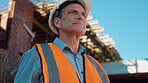 Construction, safety and thinking with man outdoor for planning, property development or vision. Hardhat, idea and ppe with mature developer on building site for architecture or civil engineering