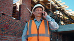 Outdoor, talking or man with phone call for construction, confirm material order or project feedback. Building site, mature or engineer with mobile for items quantity change, below or timeline update