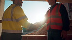 People, construction and meeting with handshake on site for building deal or partnership together. Men, civil engineer or architect shaking hands with lens flare for agreement or property renovation