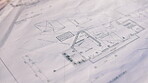 Construction, blueprint or paper with floor plan, project document or architect layout in sketch. Above, building or structure detail with design, industrial sheet or operation report for development