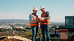 People, document and collaboration at construction site for architecture, engineering and planning. Team, supervisor and clipboard for inspection, schedule and progress with project management