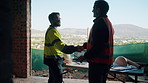 Engineering, men and handshake on construction site with blueprint, quality assurance stats and data. Engineer, team and shaking hands for floor plan, infrastructure and graphs for building analysis.