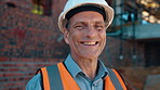 Construction, face and hardhat with man outdoor for project management or property development. PPE, safety and smile with mature developer on building site for architecture or civil engineering