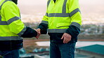 Architect, men and shake hands for construction in city with collaboration, renovation or plan. Contractor, civil engineering team or people in partnership outdoor for real estate project management