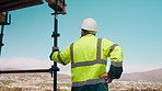 Thinking, man and architect outdoor for construction, inspection and building development. Back, mature person and vision for quality assurance, urban planning and reflection on architecture progress