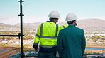 Walking, manager or architect with pointing at construction site, infrastructure inspection or planning. Talk, team or men with engineering check for property renovation, back or building evaluation