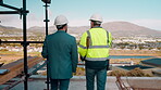 Walking, manager or architect with inspection at construction site, infrastructure planning or feedback. Talk, team or men with engineering check for property renovation, back or building evaluation