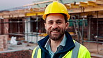 Construction, face or man on site with smile, pride and ambition as industrial worker. Happy, ppe or civil engineer outdoor with portrait, about us and career growth in architecture industry.