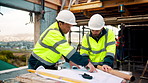 Architect, men and blueprint at construction site, discussion and development feedback with team. People, paperwork and floor plan with drawing for building design, engineering and problem solving