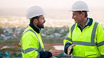 Men, architect or construction with discussion in city for building planning or development. Male people, civil engineer or team talking with smile or hard hat for industrial project together on site