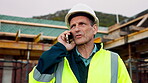 Building, phone call and tablet with man on worksite for project management or update. App, conversation and planning with mature person on construction site for property development as architect