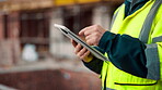 Architect, online and hands with tablet at construction site, research and safety inspection update. Outdoor, civil engineer and person with tech for digital blueprint, scroll or property development