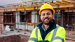 Crossed arms, man and face of construction worker on site with confidence for industrial career. Smile, about us and portrait of civil contractor with pride for infrastructure, building or repairs.