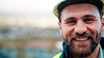 Construction, happy or man outdoor with face, about us and ambition as industrial worker. Smile, portrait or civil engineer with space, confidence and career growth in architecture industry.