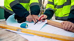 People, hands or architect with blueprint for construction planning, design or building development. Civil engineering, team or contractor pointing with document or floor layout for architecture site