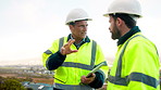 Planning, team and architect with discussion at construction site, engineering advice and feedback. Outdoor, manager and men with tablet for renovation brainstorming, building idea and project update