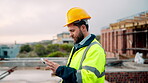 Architect, research and man with tablet at building site, scroll and safety inspection update on web. Outdoor, civil engineer and person with tech for digital blueprint, info and property development