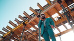 Construction, management and phone call with man on building site for inspection as supervisor. Architecture, below and scaffolding with person outdoor for communication or property development