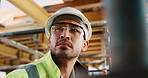 Thinking, construction and man in building for inspection, evaluation or check for safety compliance. Civil engineer, architecture and person with ppe for planning, renovation project and site review