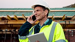 Phone call, tablet and thinking with man on construction site for conversation or project management. App, communication and planning with mature person outdoor for property development update