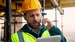 Building, phone call and tablet with man on construction site for communication or project management. App, conversation and planning with engineer outdoor for architecture or property development