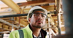 Construction site, thinking and man with engineering, idea and inspection for quality control. Safety, risk assessment and person with maintenance, schedule and property renovation with development