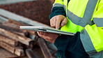 Architect, outdoor and hands with tablet at building site, search or safety inspection update on web. Civil engineer, scroll and person with tech for digital blueprint, info and property development