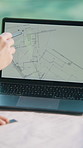 Architect, hands and blueprint with laptop screen for building design, project or engineering notes. Designer, person and writing with computer for floor plan, renovation or architecture illustration
