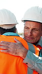 Friends, hug and men at construction site for architecture, collaboration and happy for achievement. Civil engineer, talking and people with ideas for project, embrace and celebration with handshake