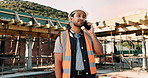 Phone call, man and construction worker on site by infrastructure with feedback on building. Cellphone, inspection and male civil engineer on mobile discussion for renovation or repairs approval.