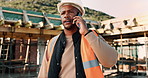 Phone call, black man and construction worker on site with stress for feedback on building. Upset, inspection and civil engineer on mobile discussion for renovation, infrastructure or repair approval