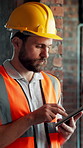 Construction site, man and architect with tablet for typing, safety compliance or development report. Engineering, tech or happy person with building schedule, infrastructure update or project review