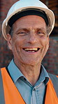 Face, man and engineer at construction site, laugh and about us with development experience. Portrait, funny architect or safety inspector for building, infrastructure and mature person with pride