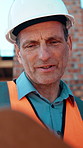 Mature, man or architect with checklist on construction site for inspection or building safety. Male person, contractor or civil engineer with clipboard or hard hat for security check or architecture