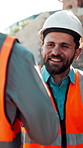 Friends, handshake and men at construction site for architecture, collaboration or happy for success. Civil engineer, talking and people with smile for achievement, teamwork and celebration with hug