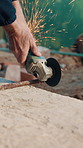 Person, hands and construction with grinder on steel rebars for reinforcement or civil engineering. Architect, builder or concrete for building maintenance, structure safety or security on site