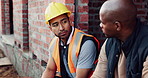 People, talk and lunch break at construction site with food, building project or team bonding together. Men, eating apple or discussion outdoor with industrial job, wellness or rest from manual labor