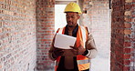 Clipboard, black man and construction worker on site for building, maintenance or repairs on house. Checklist, professional and male civil engineer with documents for home renovation with brick wall.