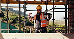 Construction, dancing or man on site with success, rhythm or groove with building milestone. Industrial, energy or engineer with scaffolding, project achievement or upbeat movement in celebration.